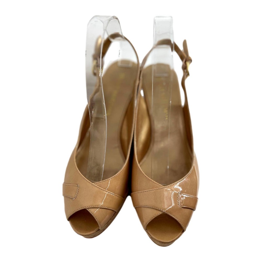 Stuart Weitzman Nude Patent Leather Slingback Platform Heel Size 10 EUC - Picture 2 of 11